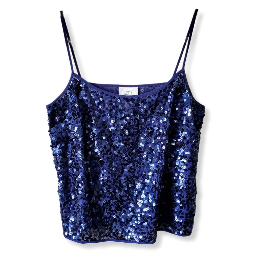 Women Blue Sequin Cami Tank Top M Holiday New Years Eve Disco Cocktail Club